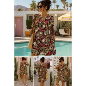 J Crew Size 8 Tropical Print Shift Dress Pockets Pink Yellow Cotton Resort